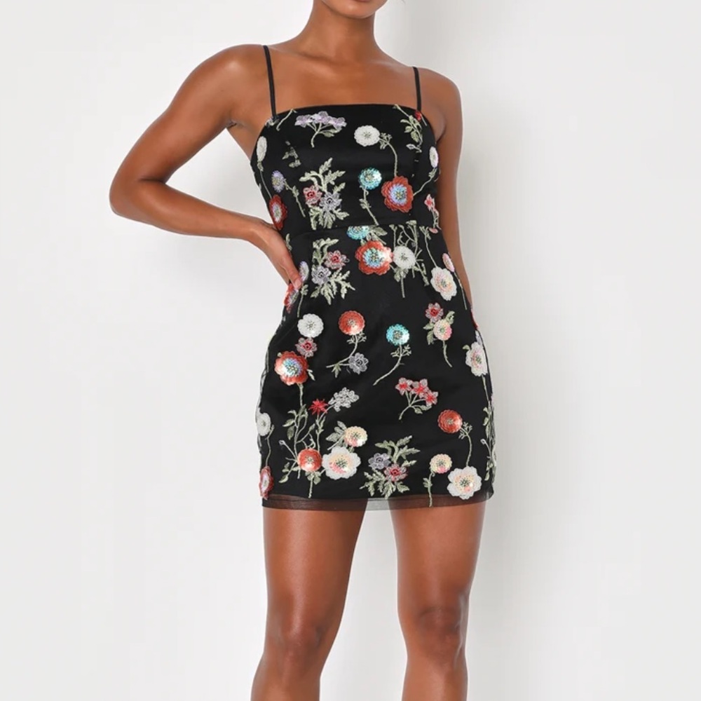 Lulus Blooming Aesthetic Black Floral Embroidered Sequin Mini Dress-Size S-NWT
